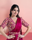 Maroon Ready-to-Wear Satin Silk Saree with Embroidered Blouse & Belt