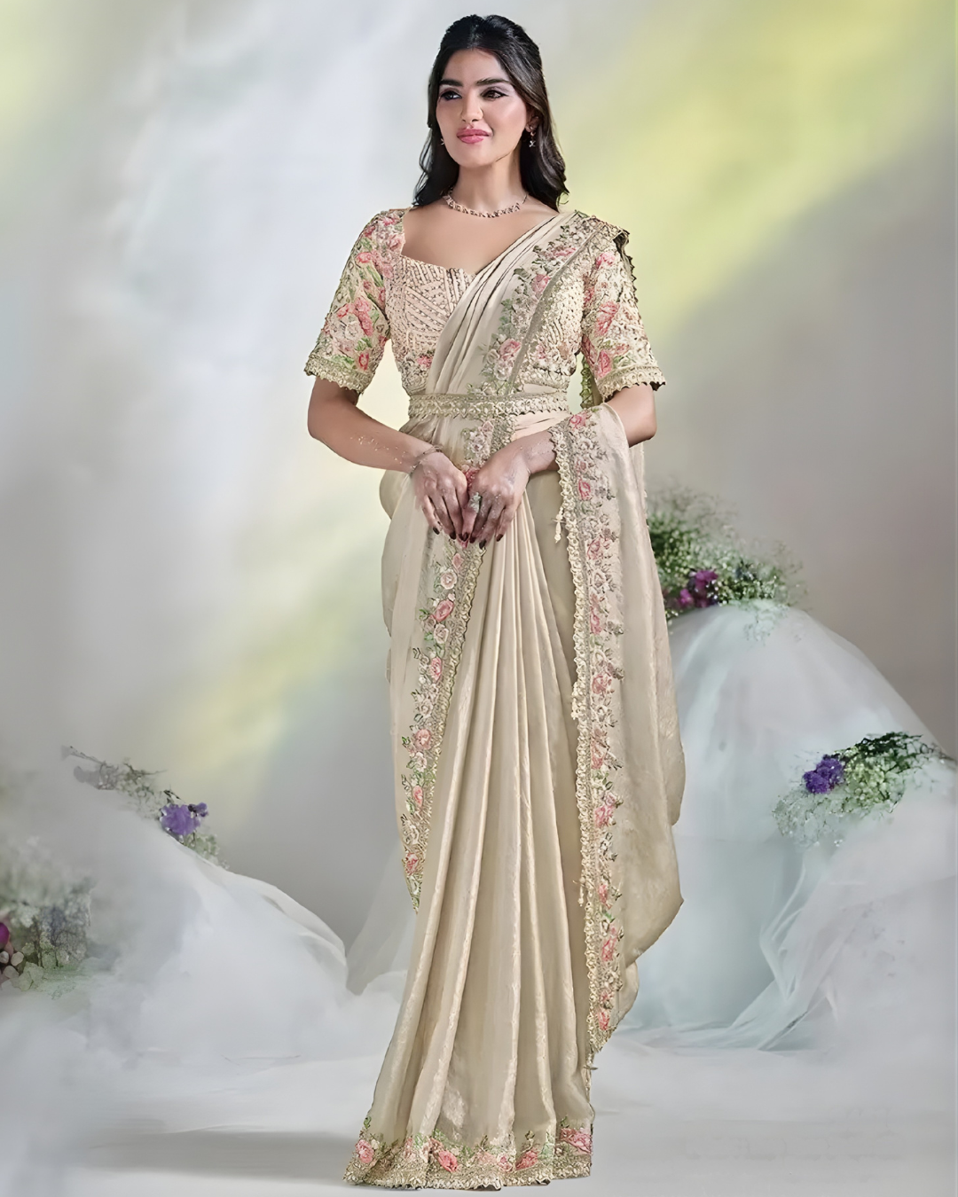 Beige Ready-to-Wear Two Tone Satin Silk Saree with Embroidered Blouse