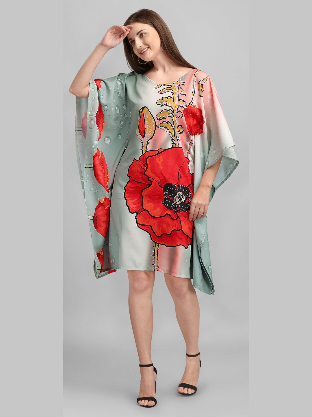 Sage Green Women’s Kaftan Dress with Floral Print