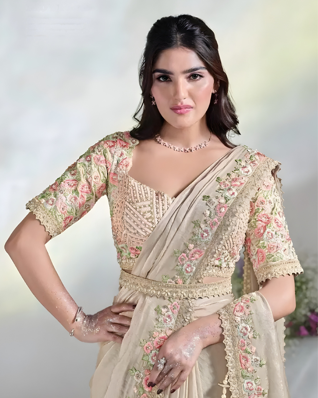 Beige Ready-to-Wear Two Tone Satin Silk Saree with Embroidered Blouse