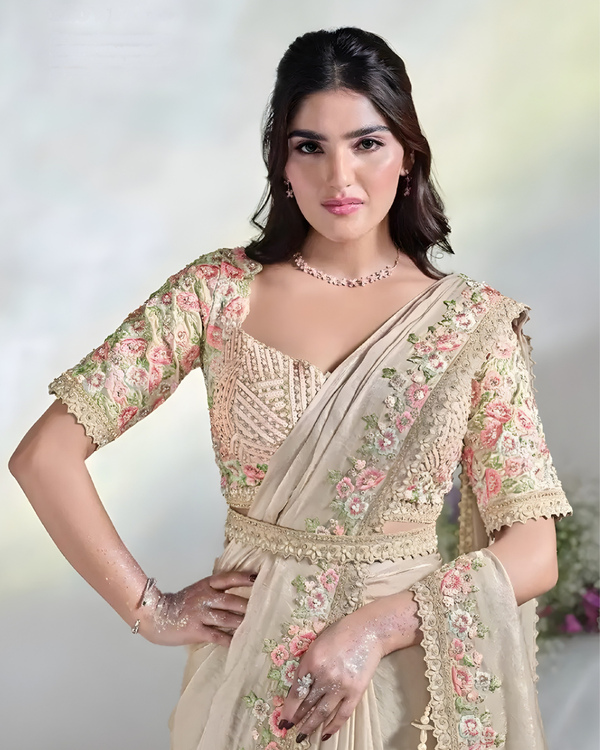 Beige Ready-to-Wear Two Tone Satin Silk Saree with Embroidered Blouse
