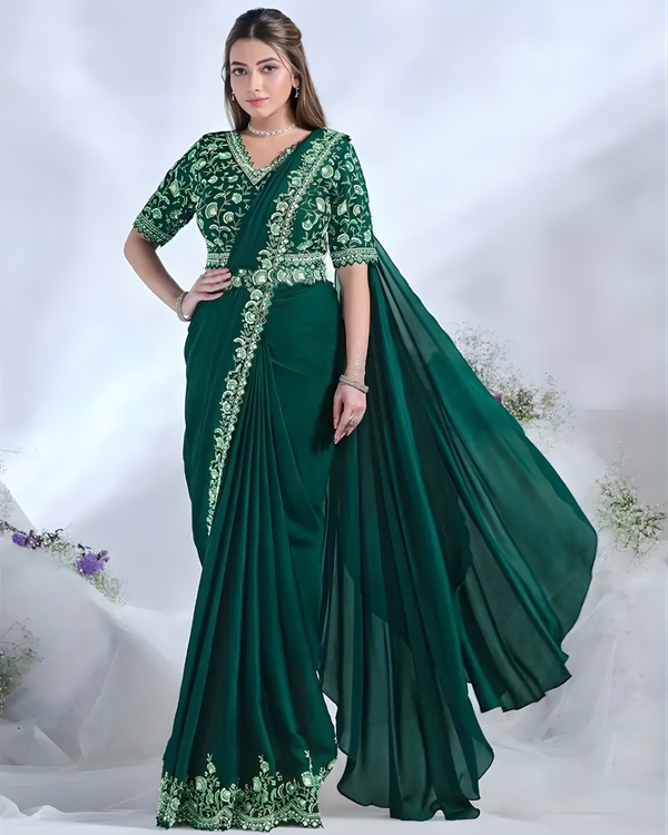 Emerald Green Ready-to-Wear Satin Silk Saree with Embroidered Blouse