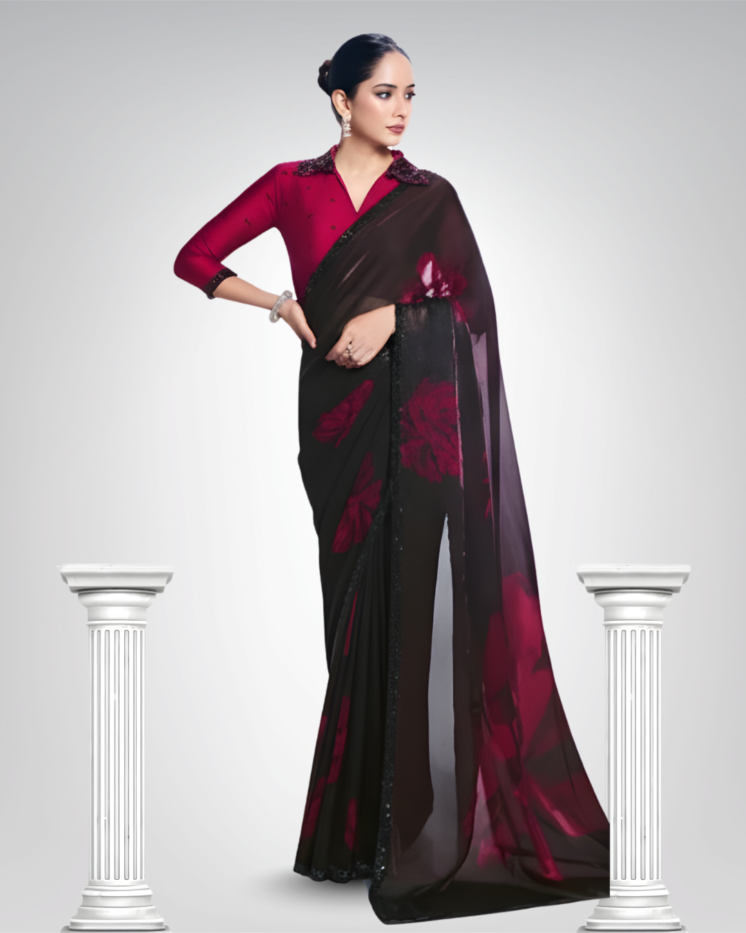 Black & Wine Two Tone Satin Silk Party Wear Saree