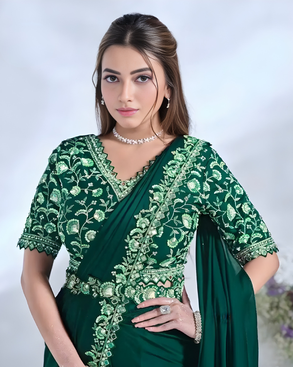 Emerald Green Ready-to-Wear Satin Silk Saree with Embroidered Blouse
