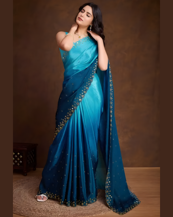 Blue Double Shaded Chinon Silk Designer Party Wear Saree