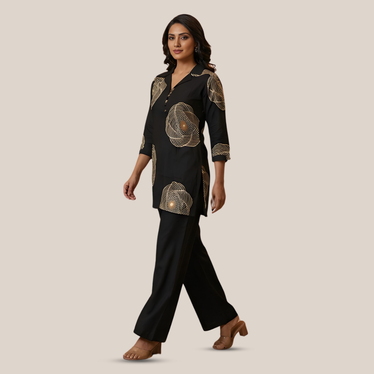 Black Printed Rayon Coord Set for Women