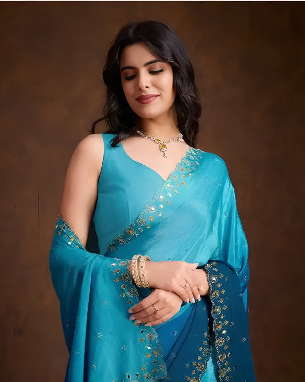 Blue Double Shaded Chinon Silk Designer Party Wear Saree