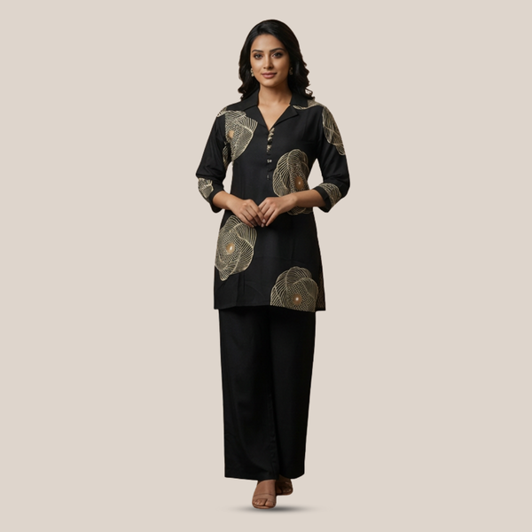 Black Printed Rayon Coord Set for Women