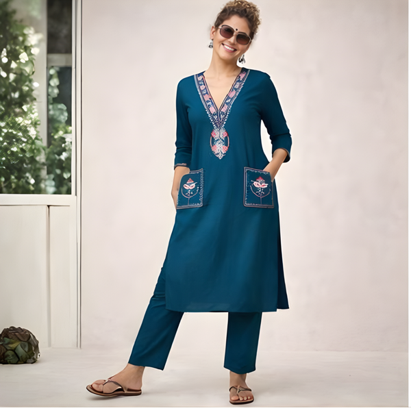 Teal Cotton Kurti with Pant Coord Set