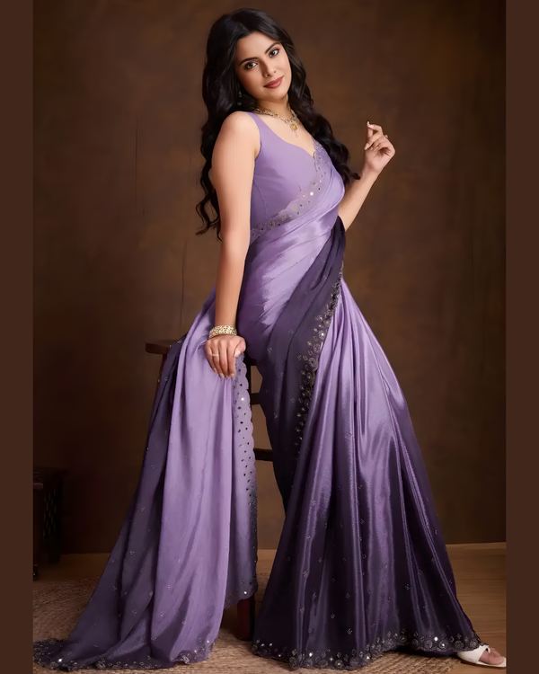 Lavender & Purple Double Shaded Chinon Silk Party Wear Saree