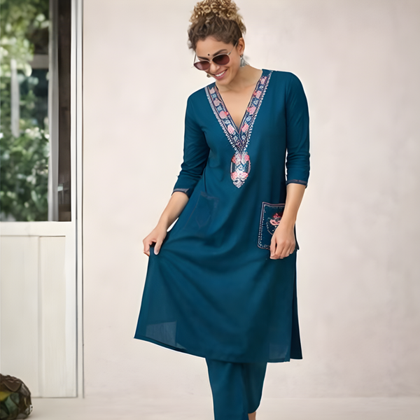 Teal Cotton Kurti with Pant Coord Set