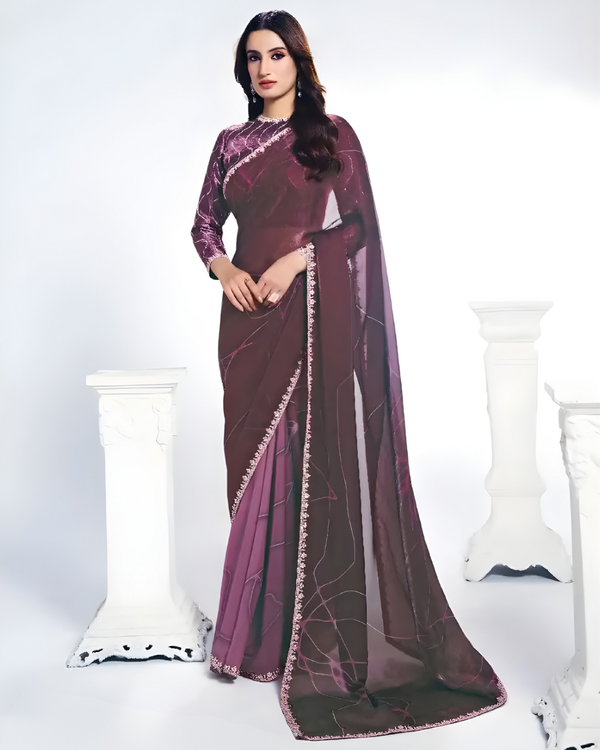 Purple Satin Silk Party Wear Saree with Stone & Sequence Work