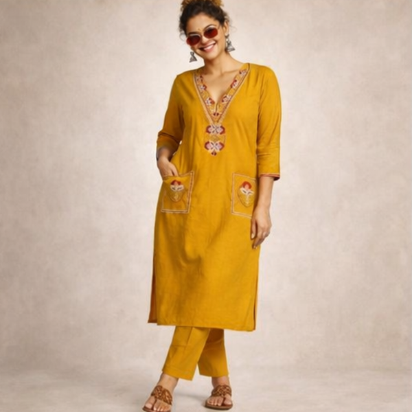 Mustard Yellow Cotton Kurti with Pant Set for Women