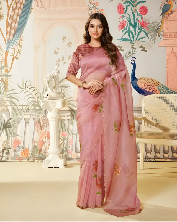 Elegant Pink Satin Organza Party Wear Saree for Women