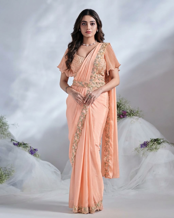Peach Ready-to-Wear Crape Satin Silk Saree with Embroidered Shrug