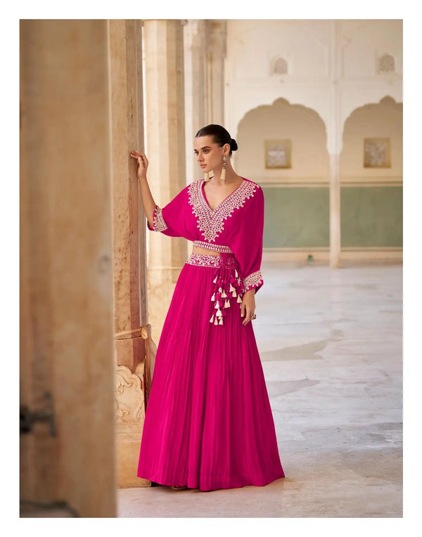 Hot Pink Designer Chinon Embroidered Party Wear Lehenga for Women