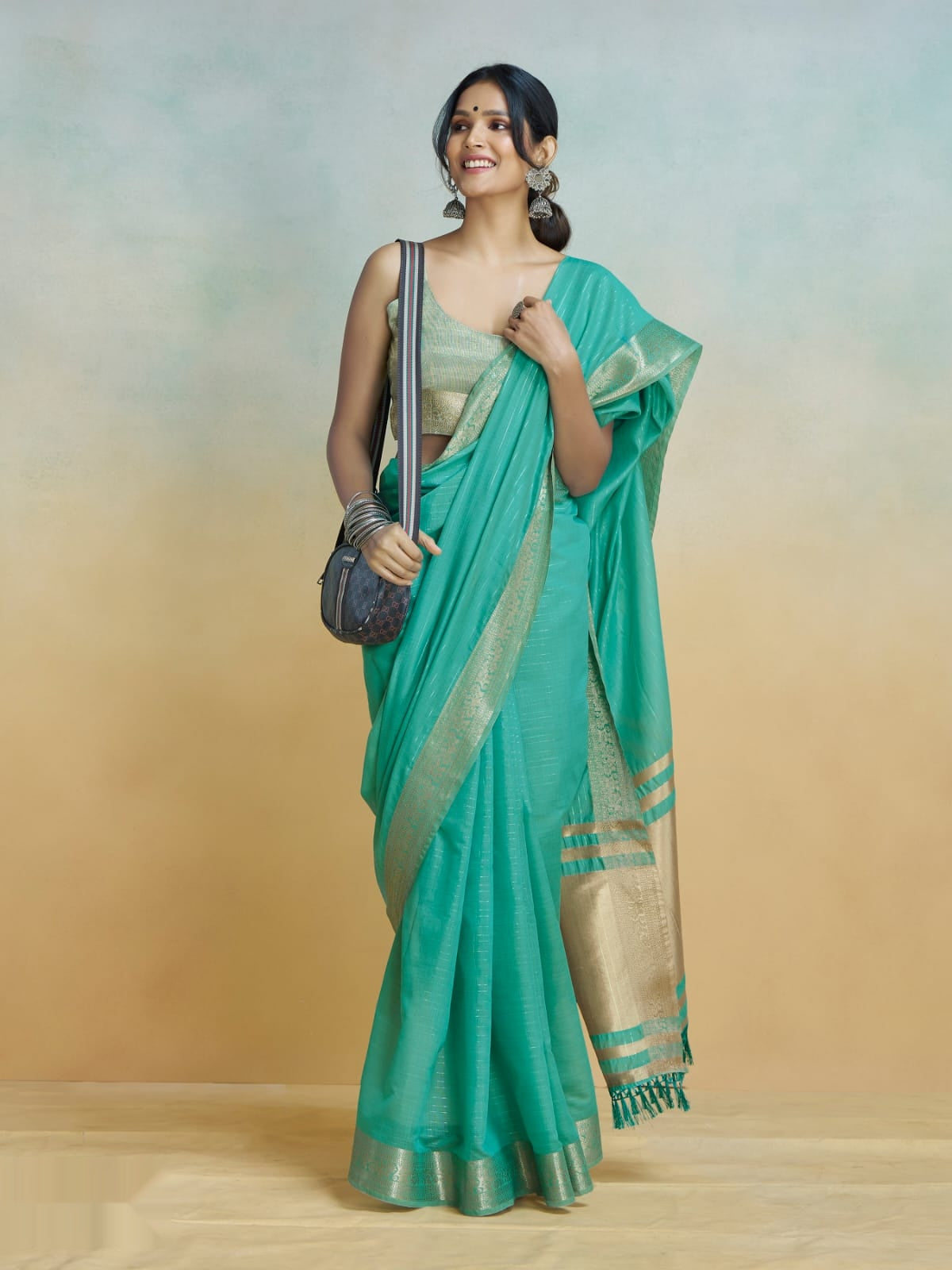 Khadi Silk Saree with Golden Zari Border – Teal Green