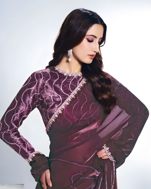 Purple Satin Silk Party Wear Saree with Stone & Sequence Work