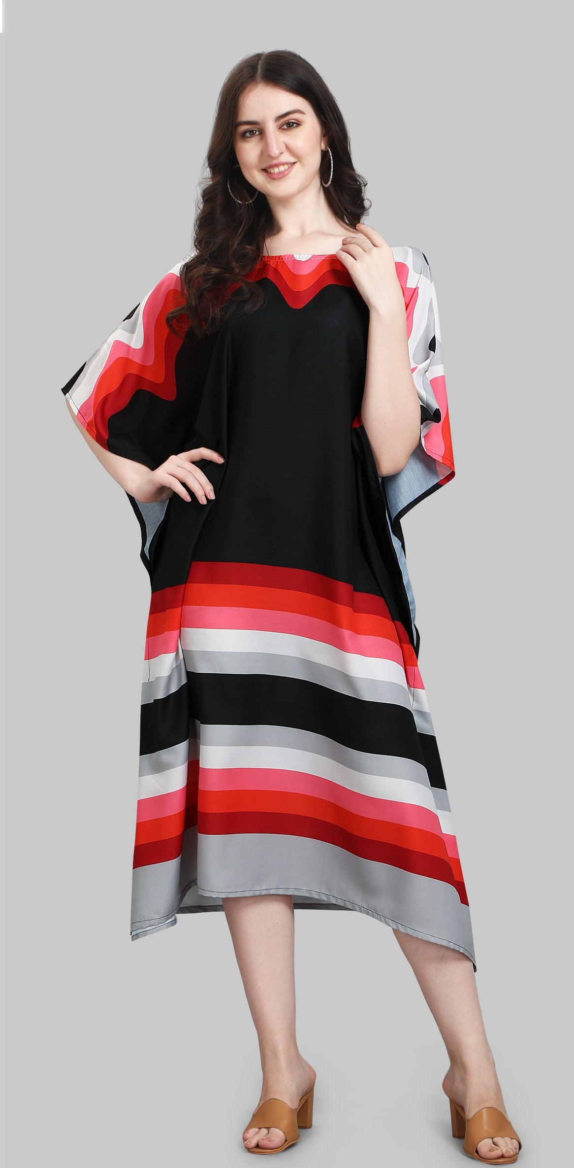 Black Red Striped Kaftan Kurti Dress for Women
