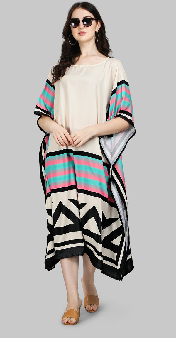 Beige Printed Designer Kaftan Kurti for Women