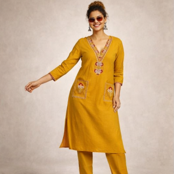 Mustard Yellow Cotton Kurti with Pant Set for Women
