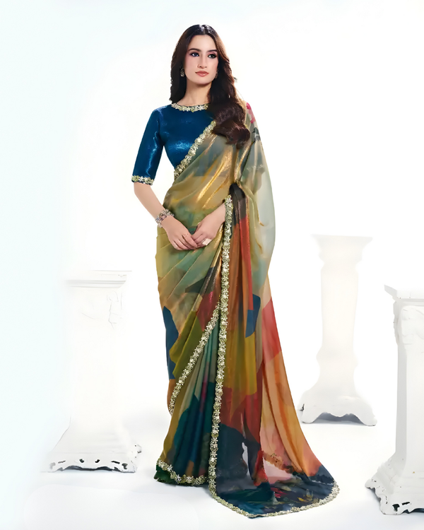 Blue Satin Silk Party Wear Saree with Embroidery & Abstract Print