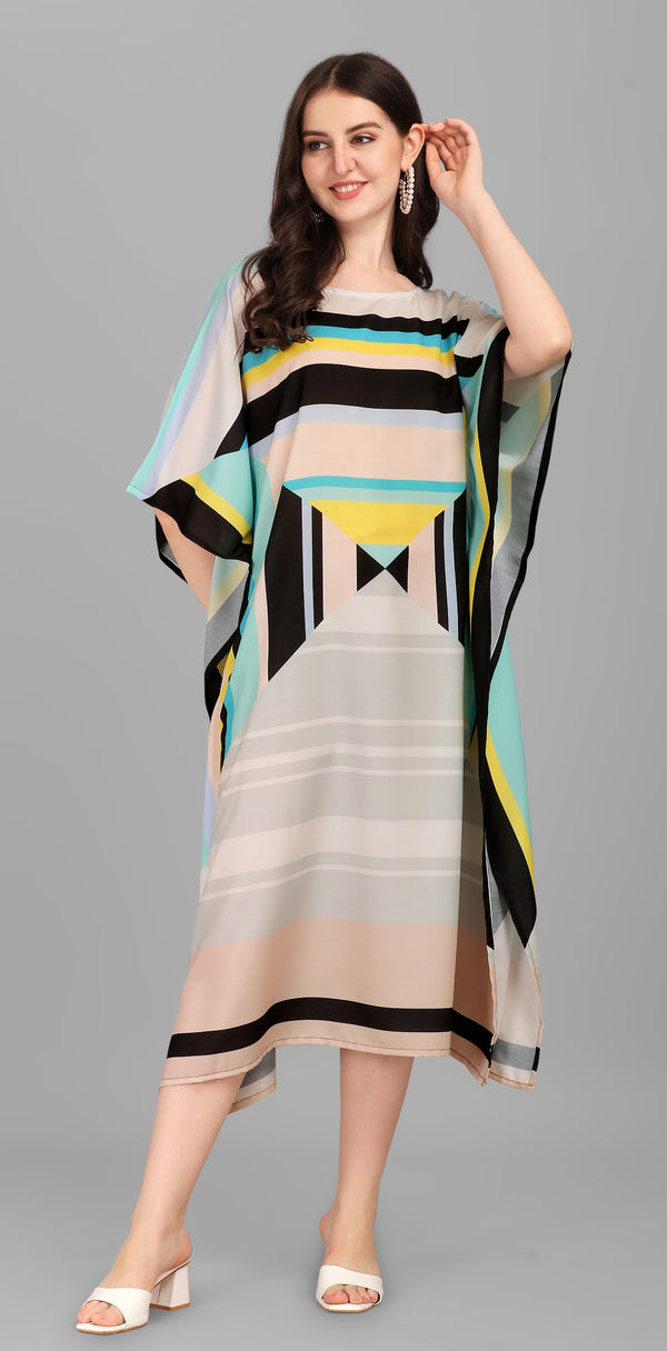 Beige Teal Geometric Kaftan Kurti Dress for Women