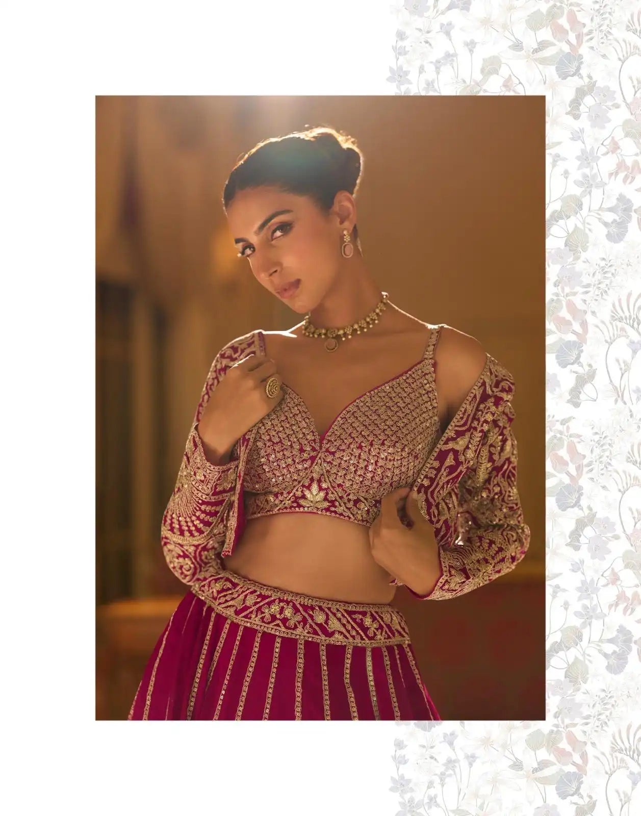 Magenta Heavy Designer Georgette Lehenga with Embroidered Shrug