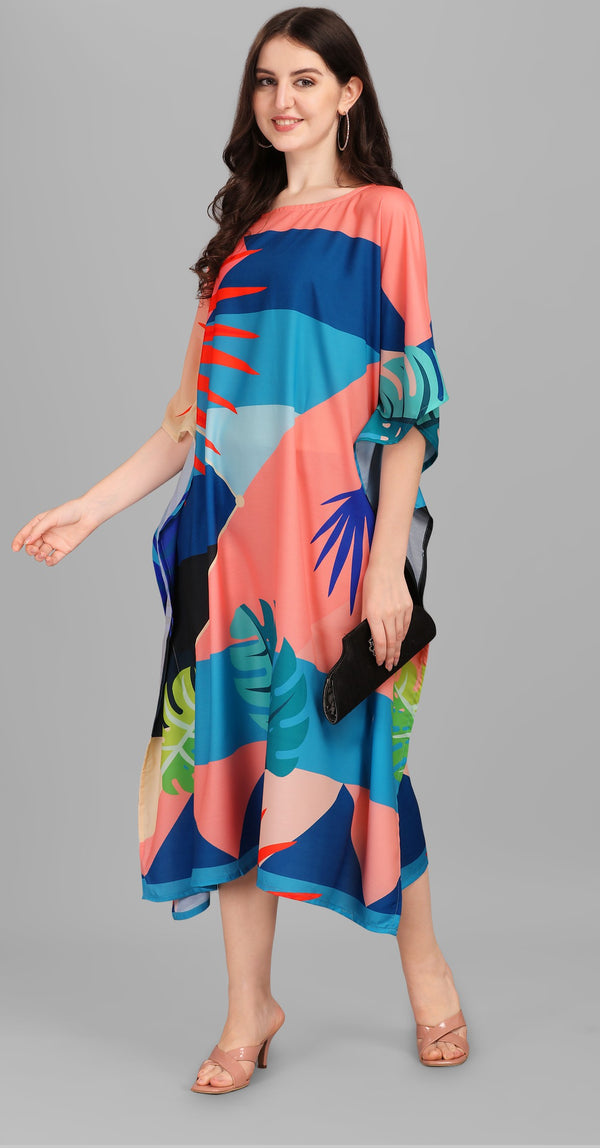 Coral Blue Printed Designer Kaftan Kurti for Women