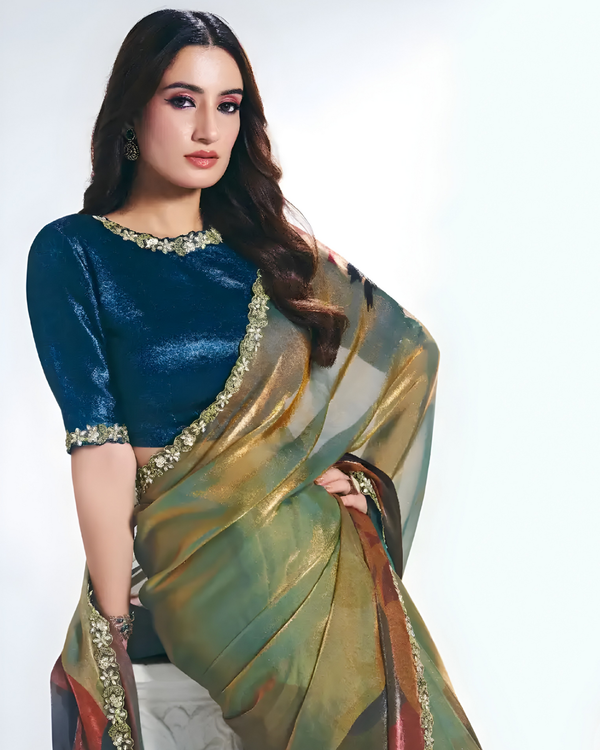 Blue Satin Silk Party Wear Saree with Embroidery & Abstract Print