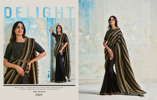 Elegant Black and Gold Striped Designer Saree with Foiled Stripes & Crushed Detail