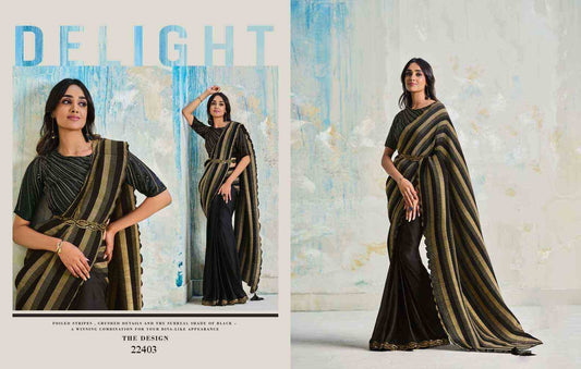 Black Satin Silk Ready Saree with Foiled Stripes & Sequins Blouse from www.fashionpur.com