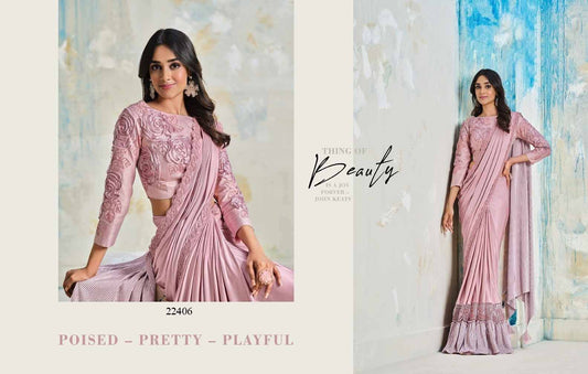 Blush Pink Lycra Ready Saree with Applique Work & Embroidered Blouse