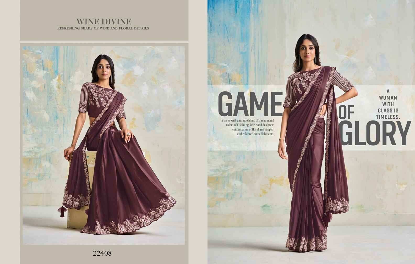 Wine Brown Satin Silk Saree with Embroidered Blouse - Ready to wear