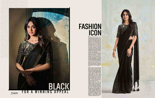 Black Designer Saree with Swarovski & Sequin Embroidered Blouse from www.fashionpur.com