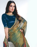 Blue Satin Silk Party Wear Saree with Embroidery & Abstract Print