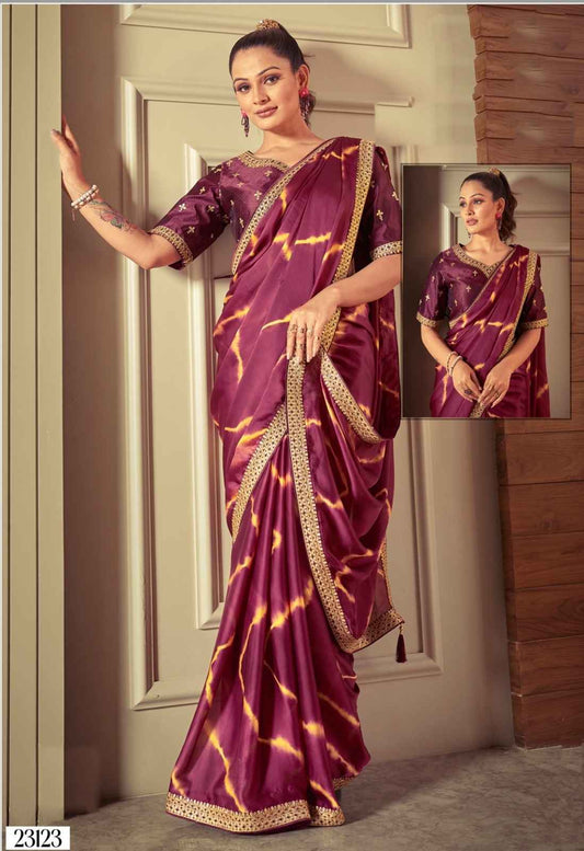 Royal Purple & Gold Silk Satin Crepe Saree with Gold Lace Work