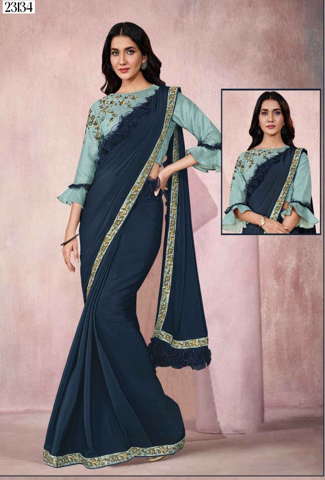 Elegant Navy Blue & Pastel Green Lycra Ready to wear 1 min Saree with Zari & Cord Embroidery