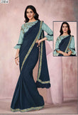 Elegant Navy Blue & Pastel Green Lycra Ready to wear 1 min Saree with Zari & Cord Embroidery