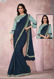 Elegant Navy Blue & Pastel Green Lycra Ready to wear 1 min Saree with Zari & Cord Embroidery