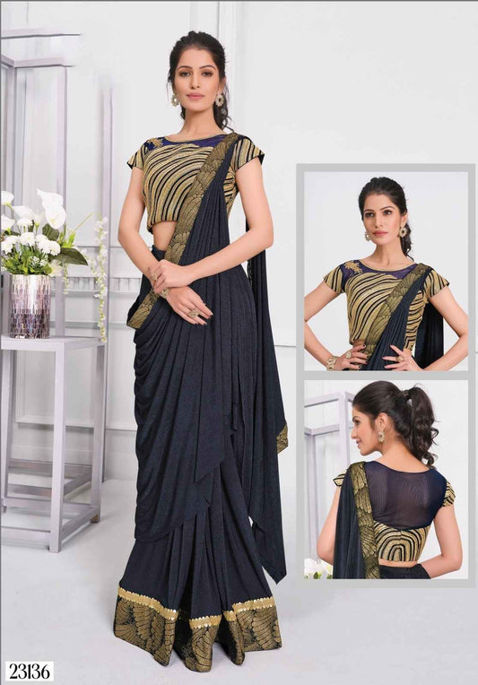 Elegant Black & Gold Lycra Saree with Cord & Sequins Embroidery