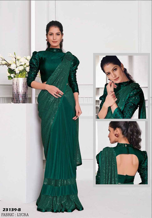 Royal Emerald Green Lycra Saree with Sequins Embroidery & Designer Full-Sleeve Blouse