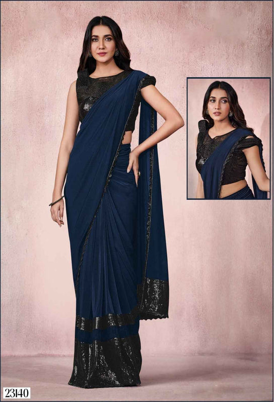 Midnight Blue Lycra Saree with Sequins Embroidery & Black Designer Blouse