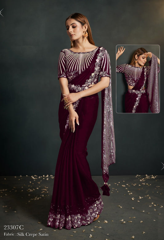 Deep Wine Silk Crepe Satin Saree with Embellished Designer Blouse