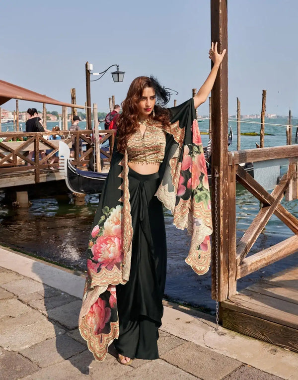 Black Floral Indo Western Crepe Silk Outfit with Designer Jacket
