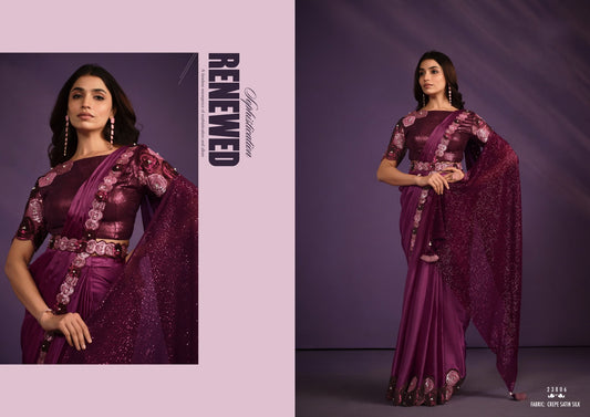 Purple Crepe Satin Silk Sareee