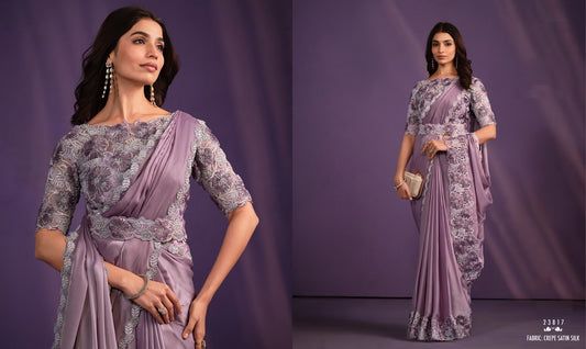 Lilac Crepe Satin Silk Saree