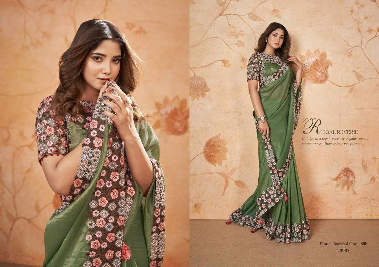 Green Banarasi Crush Silk Saree with Mirror & Embroidery Work
