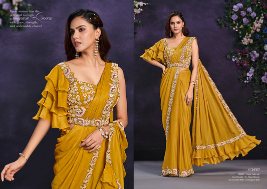 Mustard Crinkled Satin Saree