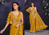 Mustard Yellow Crepe Satin Saree with Embellished Blouse & Ruffle